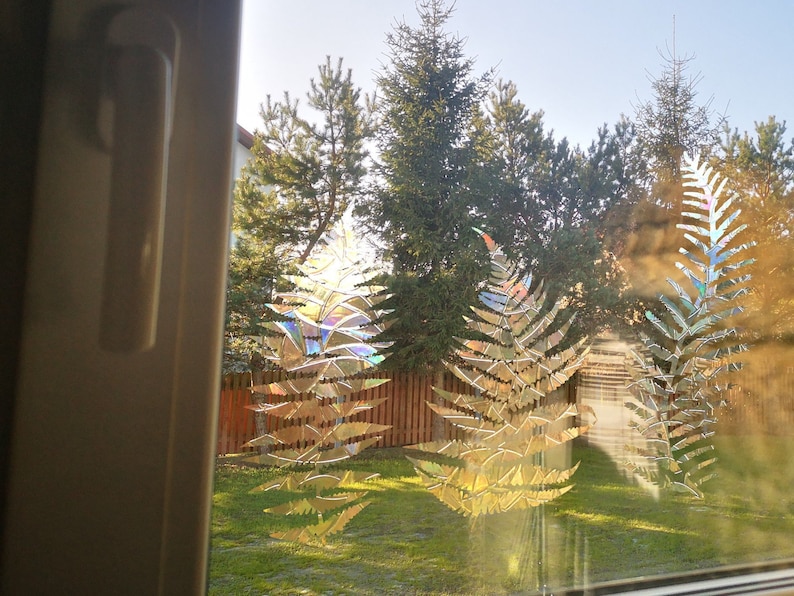 Puede incluir: Tres decoraciones en forma de helecho iridiscentes, hechas de material reflectante, se muestran en una ventana con vista a un c&eacute;sped verde y &aacute;rboles.