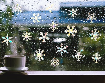 Pegatinas atrapasol de copos de nieve: pegatinas navideñas de arcoíris para ventana (juego de 16)