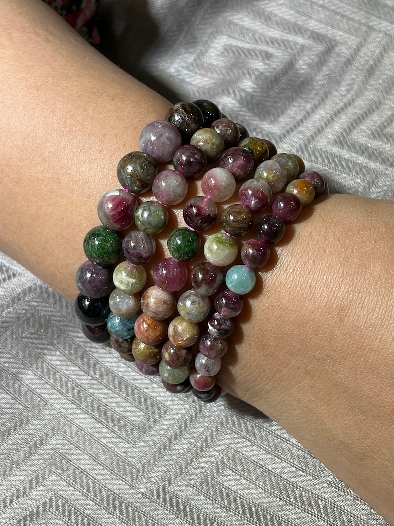 Tourmaline Bracelet Mix Multi Color Stretch 8-10 mm High Quality Natural Stone Light 1 cm