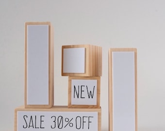 Set of 3 Dry Erase Retail Store Sign, Display, Business Sign, Store Signage, Menu, Wood Blocks, Visual Merchandising Props, Market Display