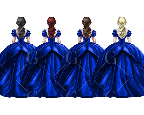 Royal Blue Princess Dress Clipart Watercolor Ball Gown Bridesmaid Dresses Quinceanera Dress Red Blonde Black Brunette Etsy