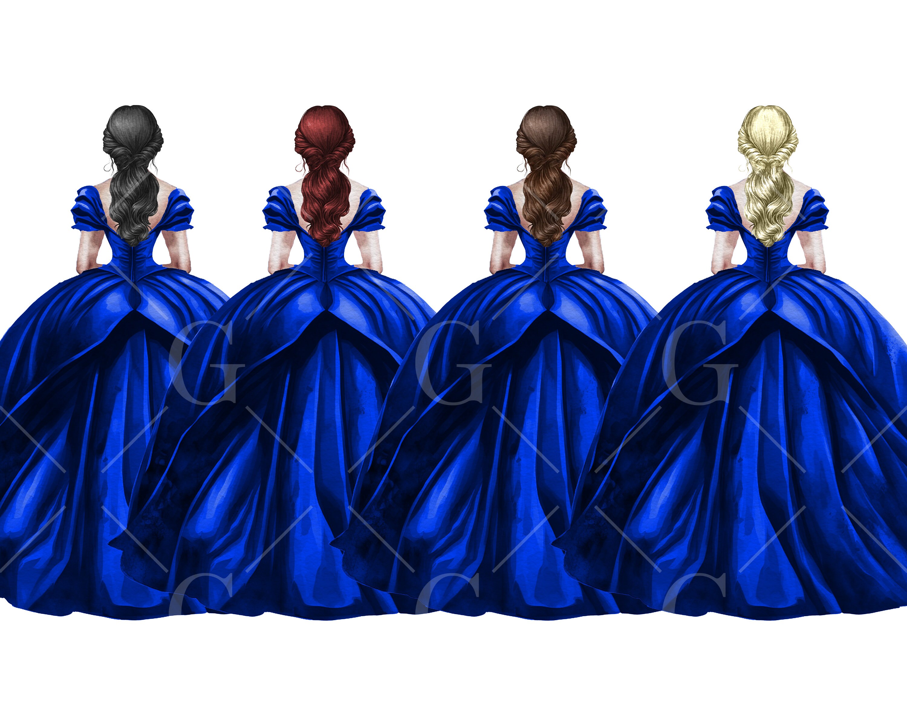 Royal Blue Princess Dress Clipart, Watercolor Ball Gown, Bridesmaid