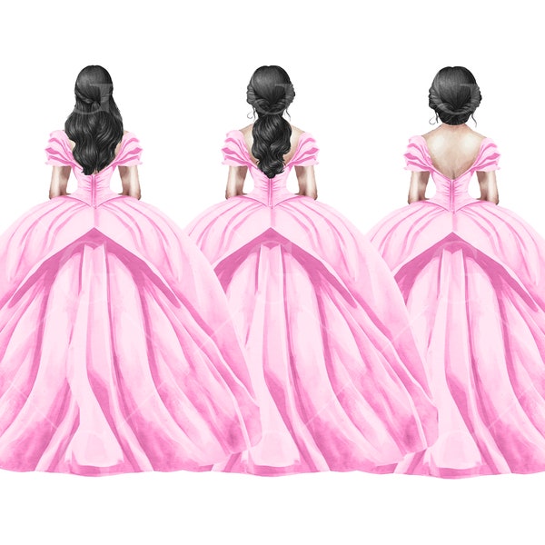 Pink Princess Dress Clipart, Watercolor Ball Gown, Bridesmaid Dresses, Quinceañera Dress, Sweet Sixteen Dress, Formal Fashion, Black Hair