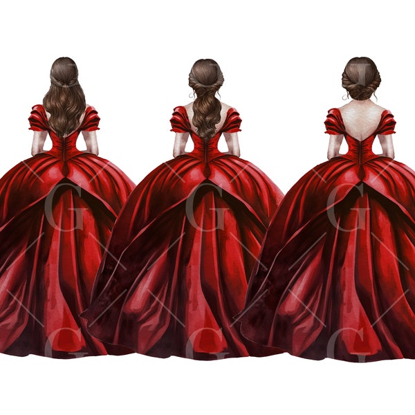 Red Princess Dress Clipart, Watercolor Ball Gown, Bridesmaid Dresses, Quinceañera Dress, Sweet Sixteen Dress, Formal Fashion, Brunette