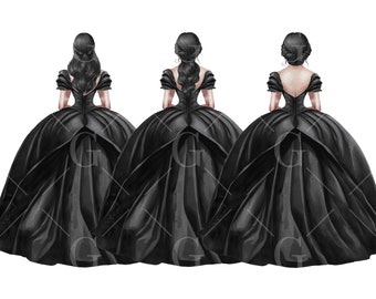 Black Princess Dress Clipart, Watercolor Ball Gown, Bridesmaid Dresses, Quinceañera Dress, Sweet Sixteen Dress, Formal Fashion, Black Hair