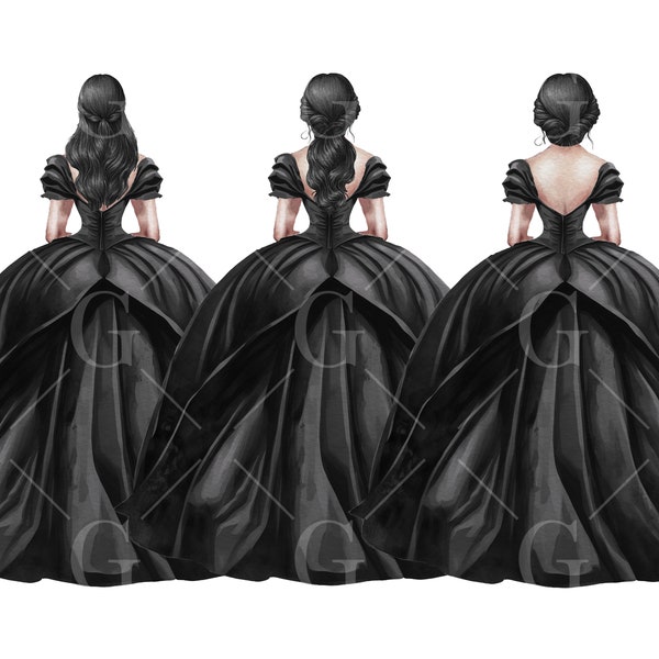 Black Princess Dress Clipart, Watercolor Ball Gown, Bridesmaid Dresses, Quinceañera Dress, Sweet Sixteen Dress, Formal Fashion, Black Hair