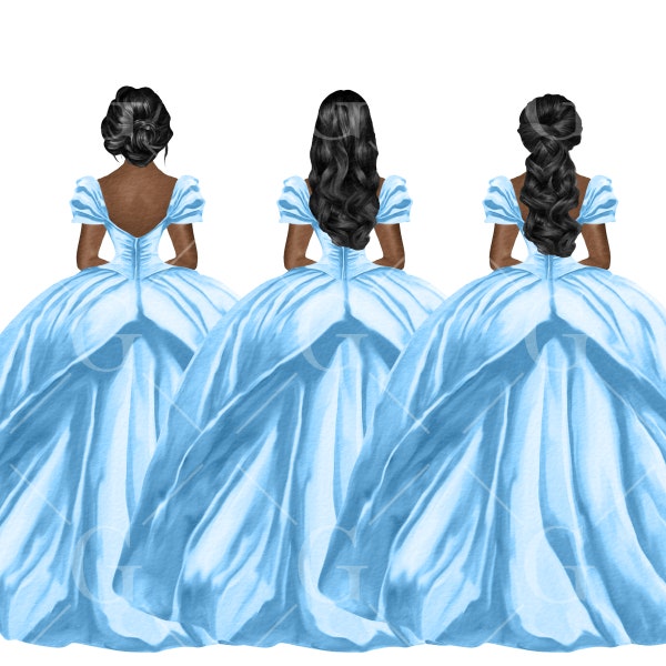 African American Princess Blue Dress Clipart, Watercolor Ball Gown, Bridesmaid Dresses, Quinceañera, Sweet Sixteen, Formal Fashion