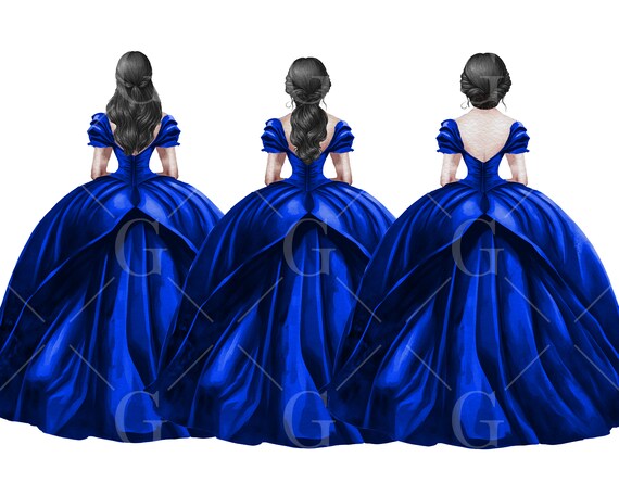 Royal Blue Princess Dress Clipart Watercolor Ball Gown Bridesmaid Dresses Quincea era Dress Formal Fashion Black Hair