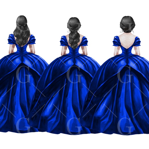 Royal Blue Princess Dress Clipart, Watercolor Ball Gown, Bridesmaid Dresses, Quinceañera Dress, Formal Fashion, Black Hair