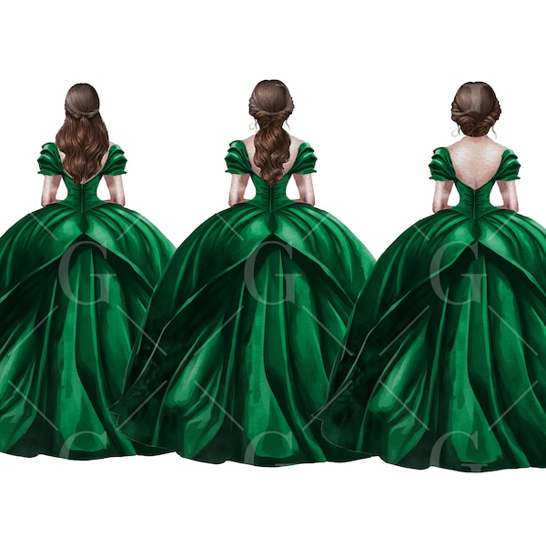 Emerald Princess Dress Clipart, Watercolor Ball Gown, Bridesmaid Dresses, Quinceañera Dress, Sweet Sixteen Dress, Formal Fashion, Brunette