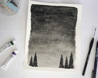 Night Sky Forest Watercolor Print | Black and White Watercolor Art Print, Watercolor Starry Night, Stars, Decor, Gift