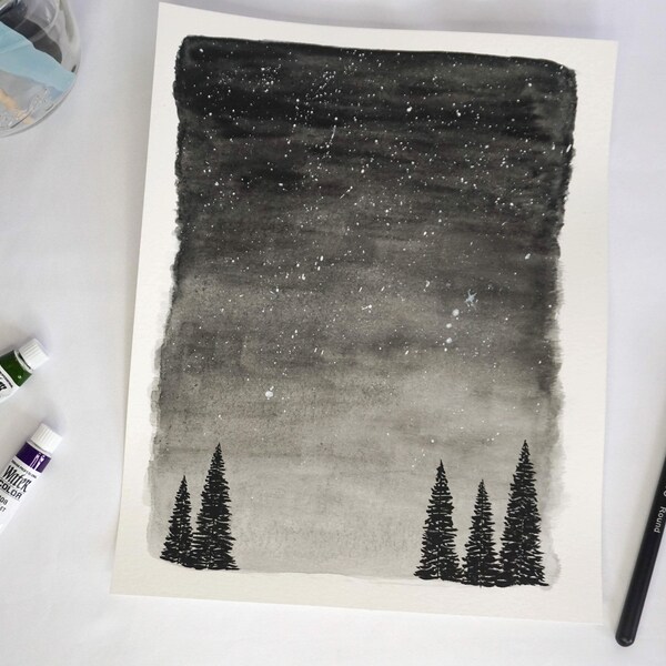 Night Sky Forest Watercolor Print | Black and White Watercolor Art Print, Watercolor Starry Night, Stars, Decor, Gift