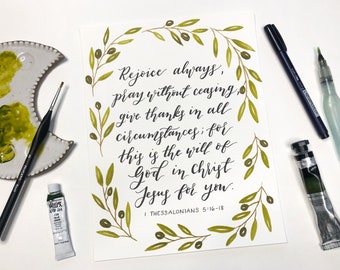 Rejoice Always (1 Thess. 5:16-18) Watercolor Calligraphy Print | Watercolor Olive Branch Art, Calligraphy Decor, Bible Scripture Art, Gift