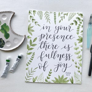 Fullness of Joy (Psalm 16:11) - Watercolor Calligraphy Print, Watercolor Greenery Art, Watercolor Leaves, Bible Art, Scripture Art