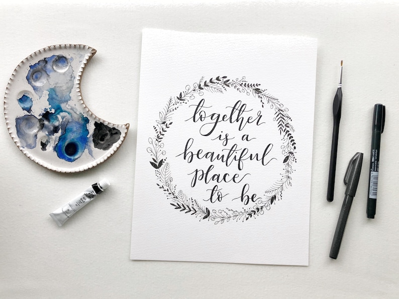 Floral Wreath Love Art Black and White Florals Bedroom Art Black /& White Calligraphy Print Together is a Beautiful Place To Be
