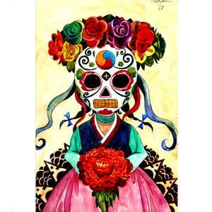 Mexican Chicano Art Poster Based on my Original Ink and Watercolor Painting Of Dias De Los Muertos Calavera by Mikekimart