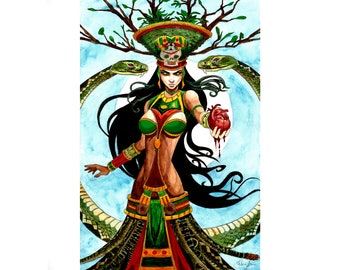 May include: A watercolor painting of a woman with long black hair wearing a green and red headdress with a skull on top. She is holding a bloody heart in her right hand. Two green snakes are wrapped around her arms and body.