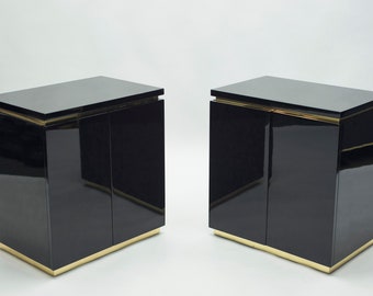 Pair of small black lacquer cabinets night stands by J.C. Mahey 1970s