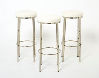 Set of three french steel bouclé bar stools by J.C. Mahey 1970s