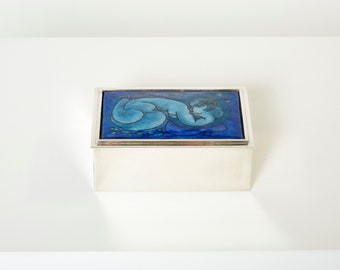 Crevillen Paris silvered and enameled blue ceramic Jewelery Box 1970