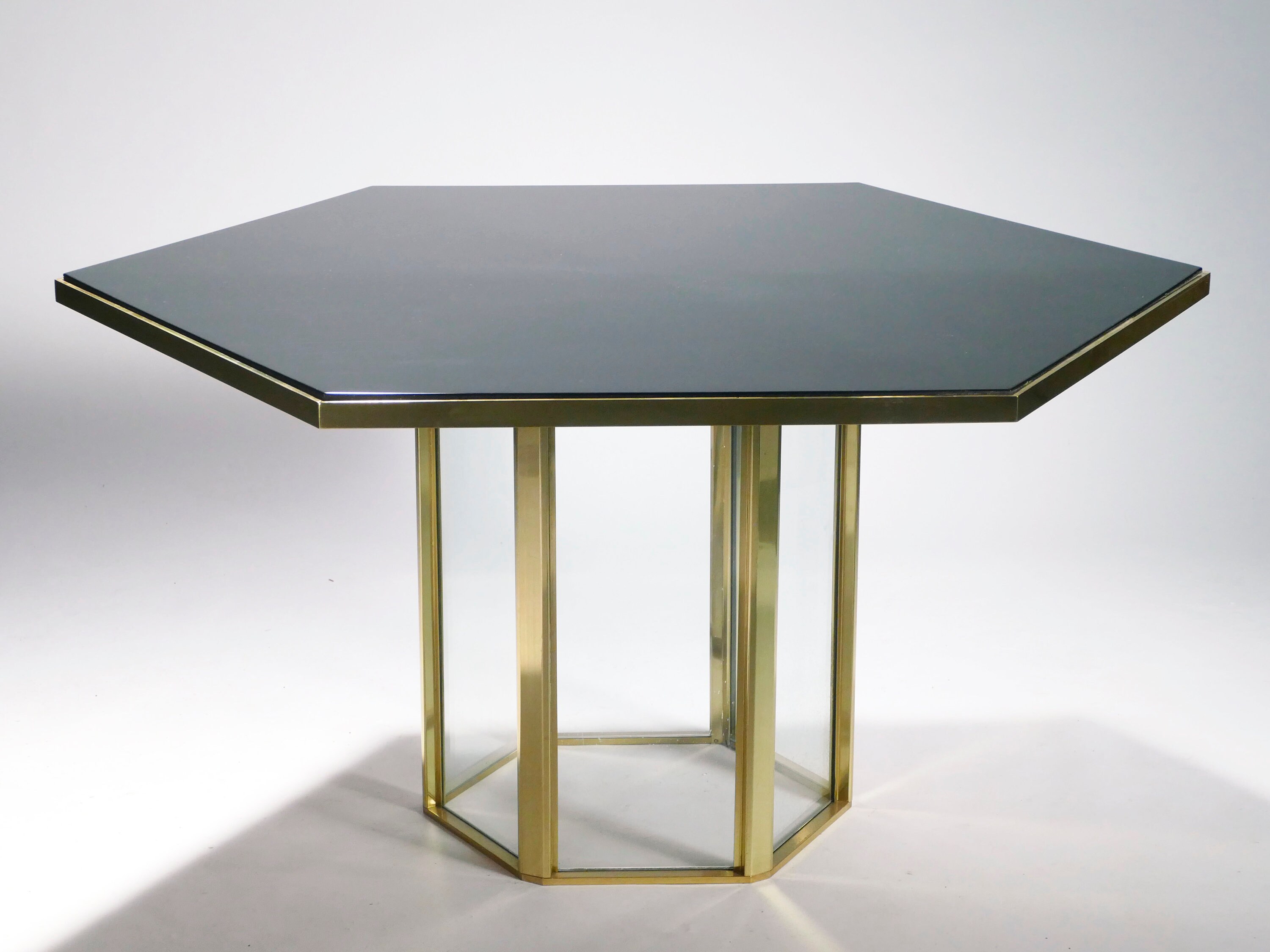 Hollywood Regency Romeo Rega Black Lacquer Brass Glass Dining Table 1970S