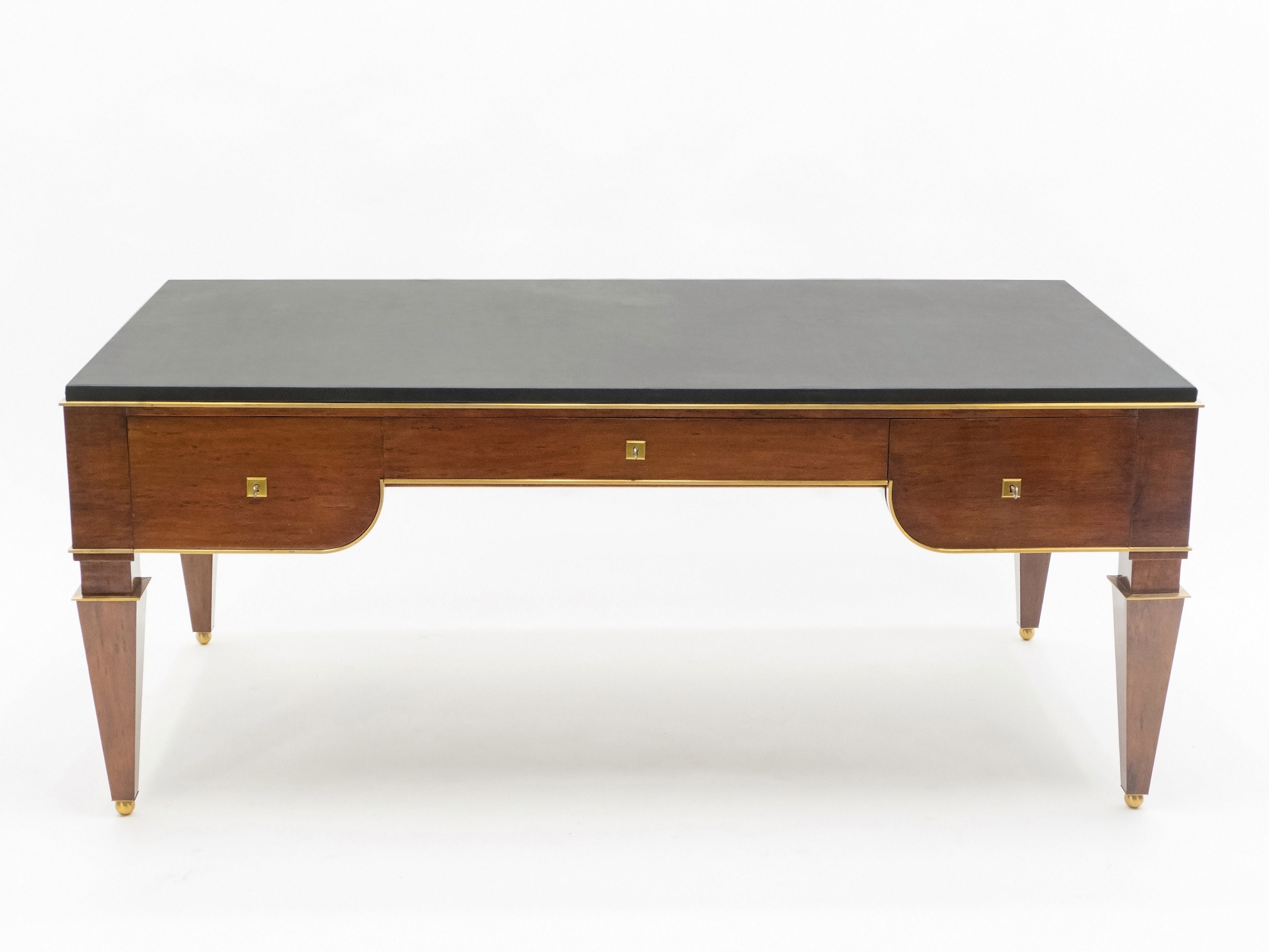 Rare Mahogany Desk Brass Details Attr. Maison Dominique 1940S