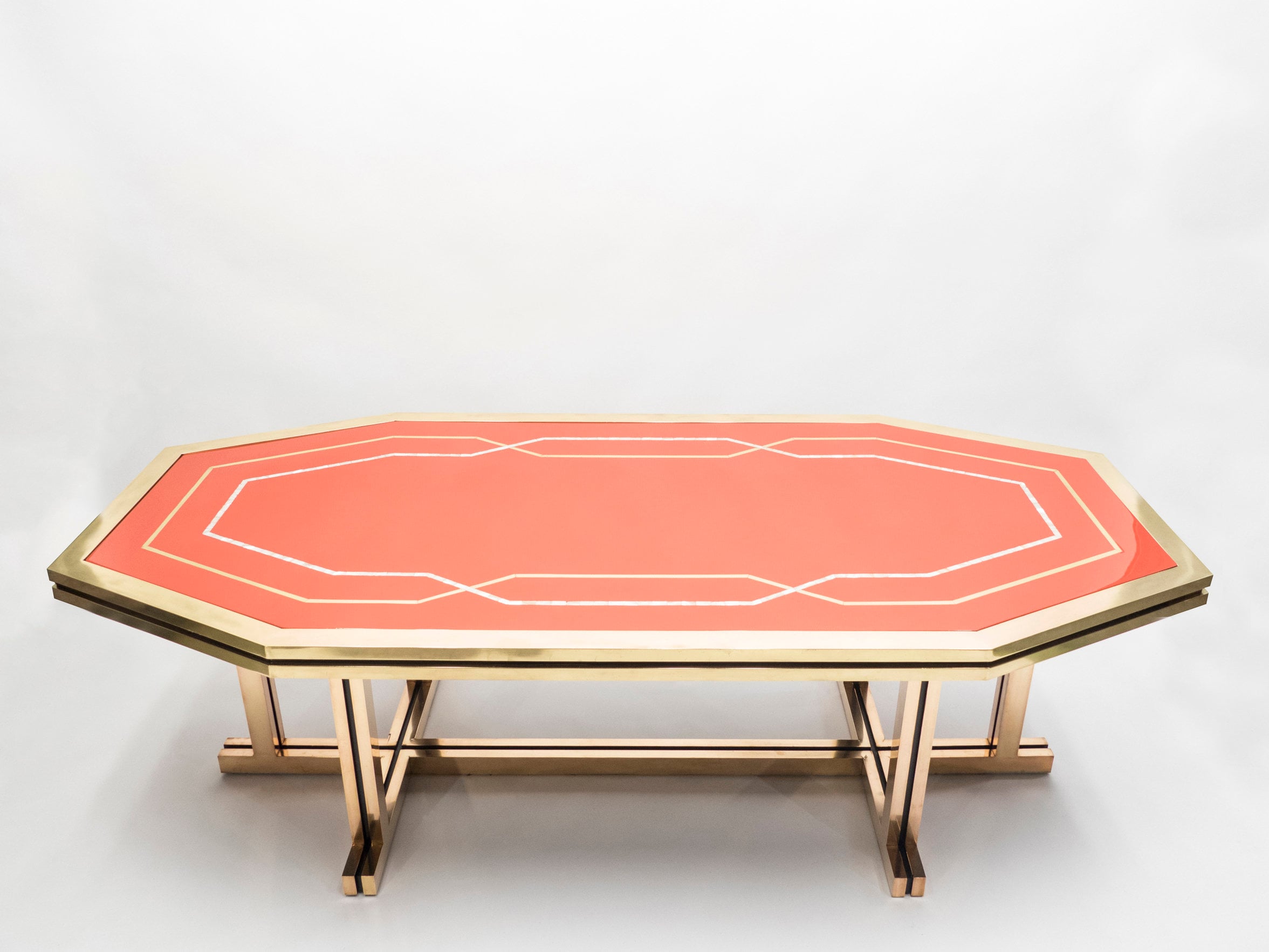 Unique Red Lacquer & Brass Maison Jansen Dining Table 1970S