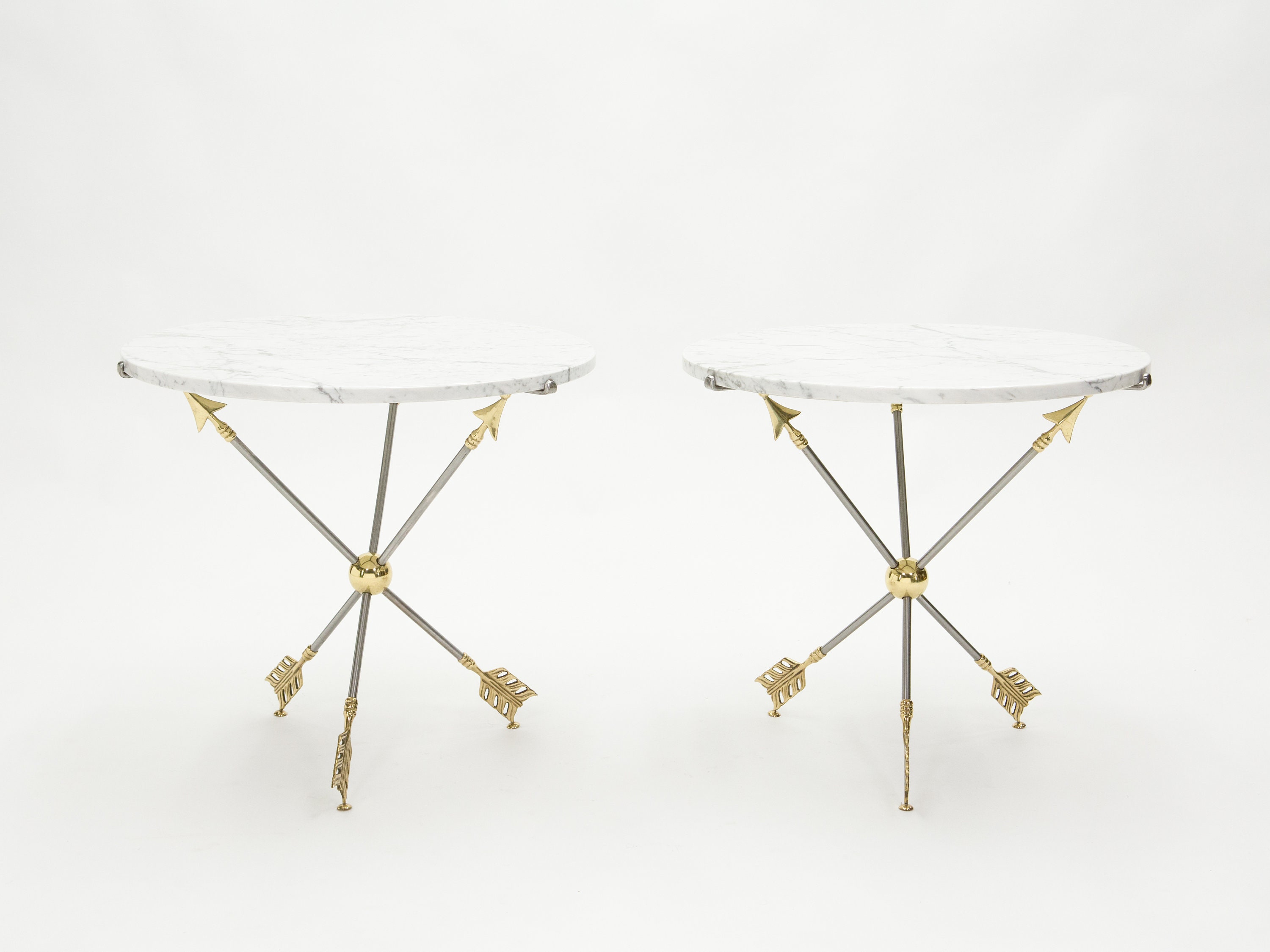Pair Of Neoclassical Maison Jansen Brass Marble Arrows Gueridon Tables 1970S