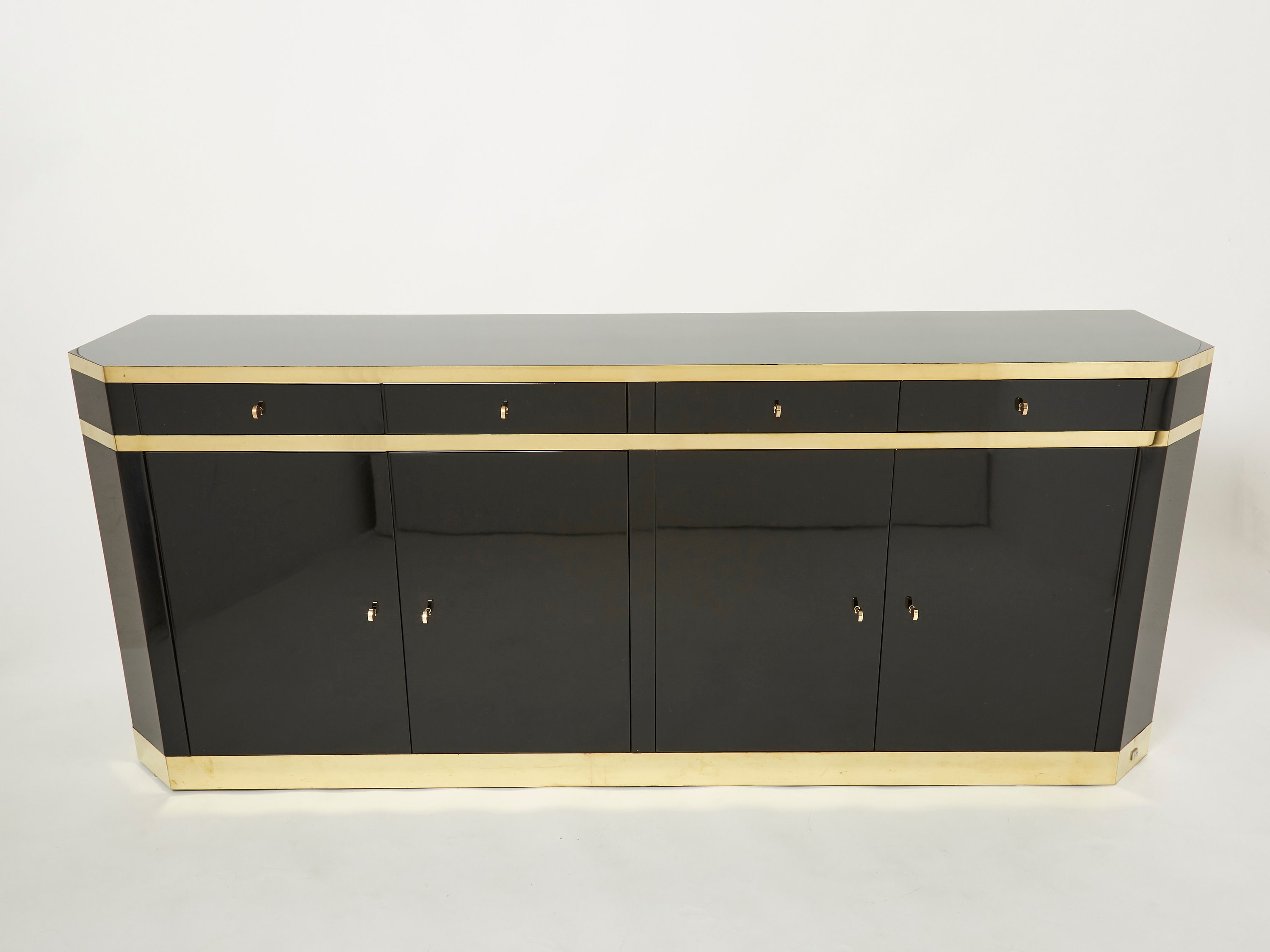 Signed J.c. Mahey Brass Black Lacquered Sideboard 1970S