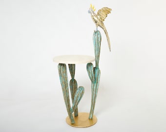 Unique signed Alain Chervet brass cactus and parrot console table 1989