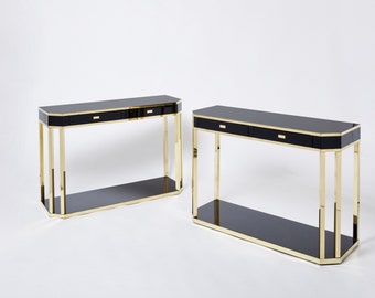 Pair of Jean-Claude Mahey black lacquered brass console tables 1970s