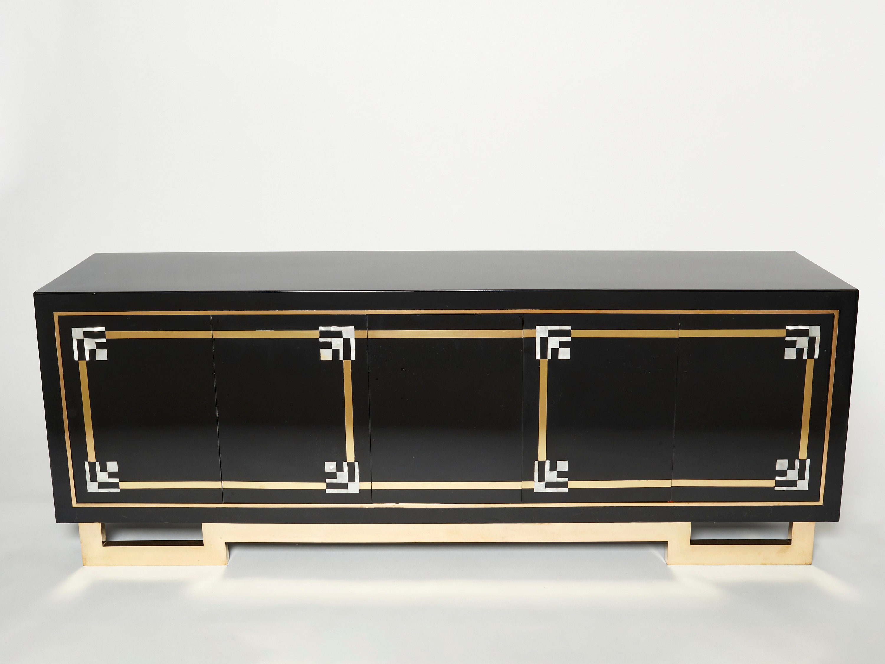 Maison Jansen Sideboard Brass Black Lacquered Shell Inlays 1970S