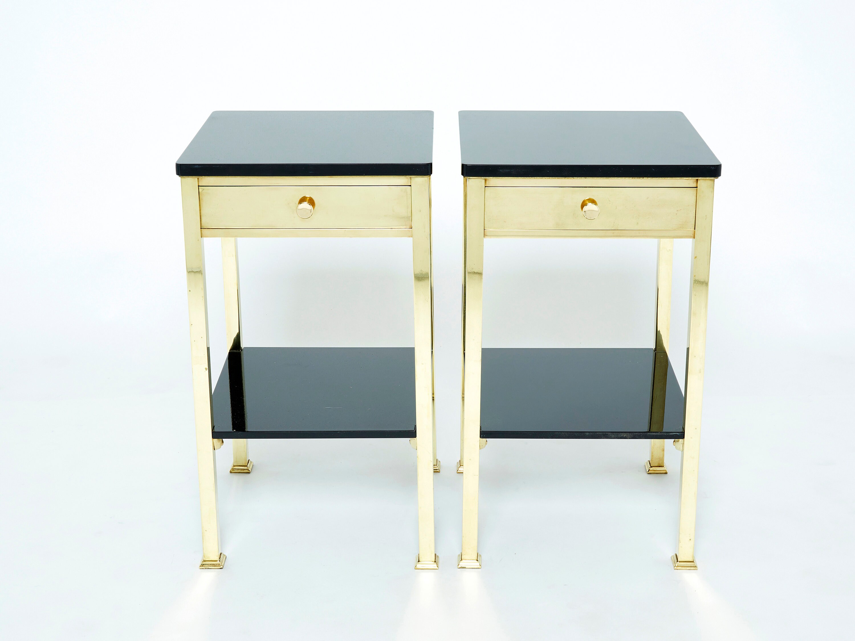 Pair Of Two-Tier French Brass & Black Lacquer Night Stands 1960S