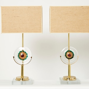 Pair of Italian murano glass brass rattan table lamps 1970s