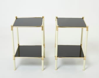 イタリア Tommaso Barbi 2 段真鍮製オフホワイト ブラック エンド テーブル 1970 年代