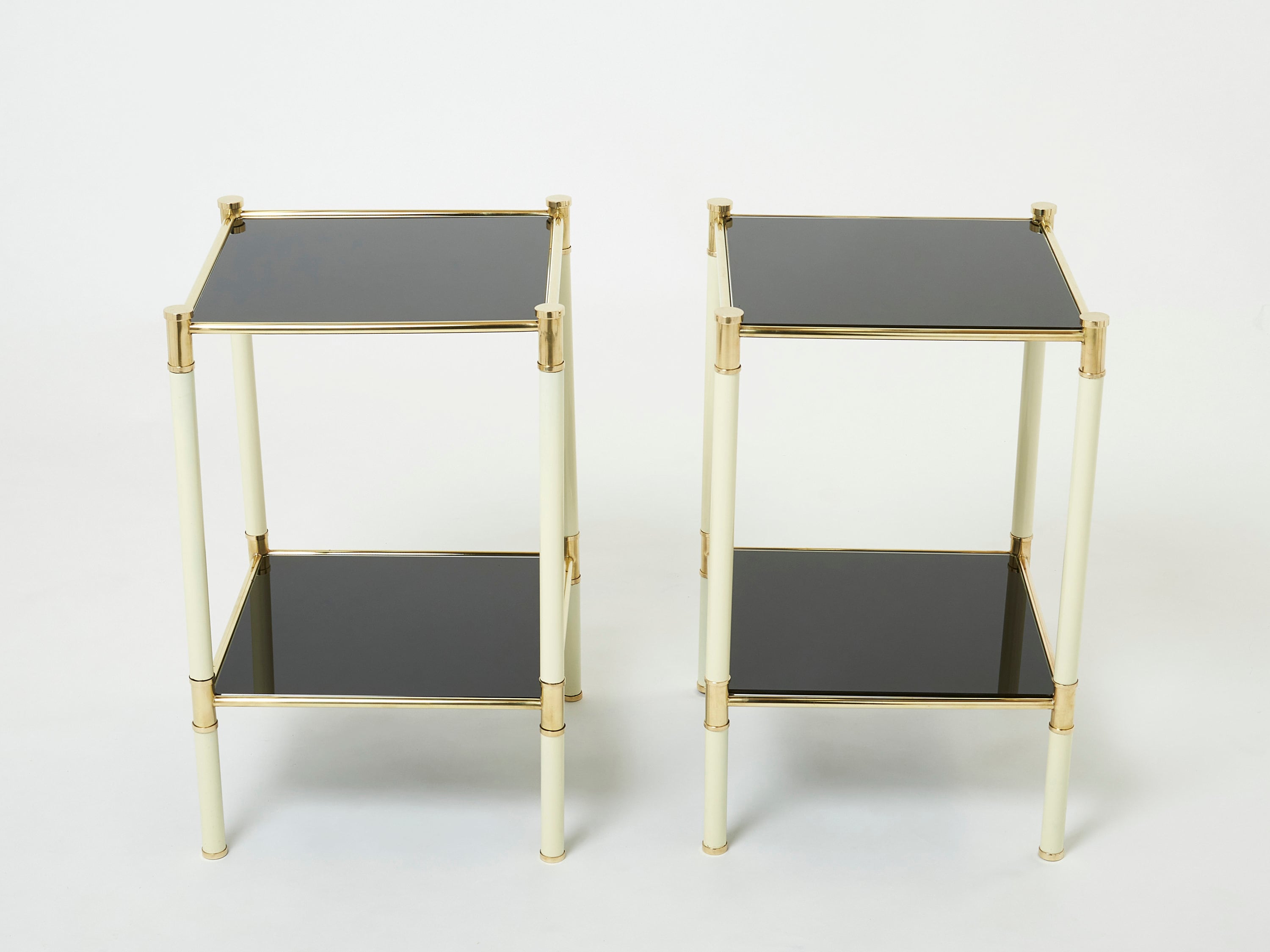 Italian Tommaso Barbi Two-Tier Brass Off White Black End Tables 1970S