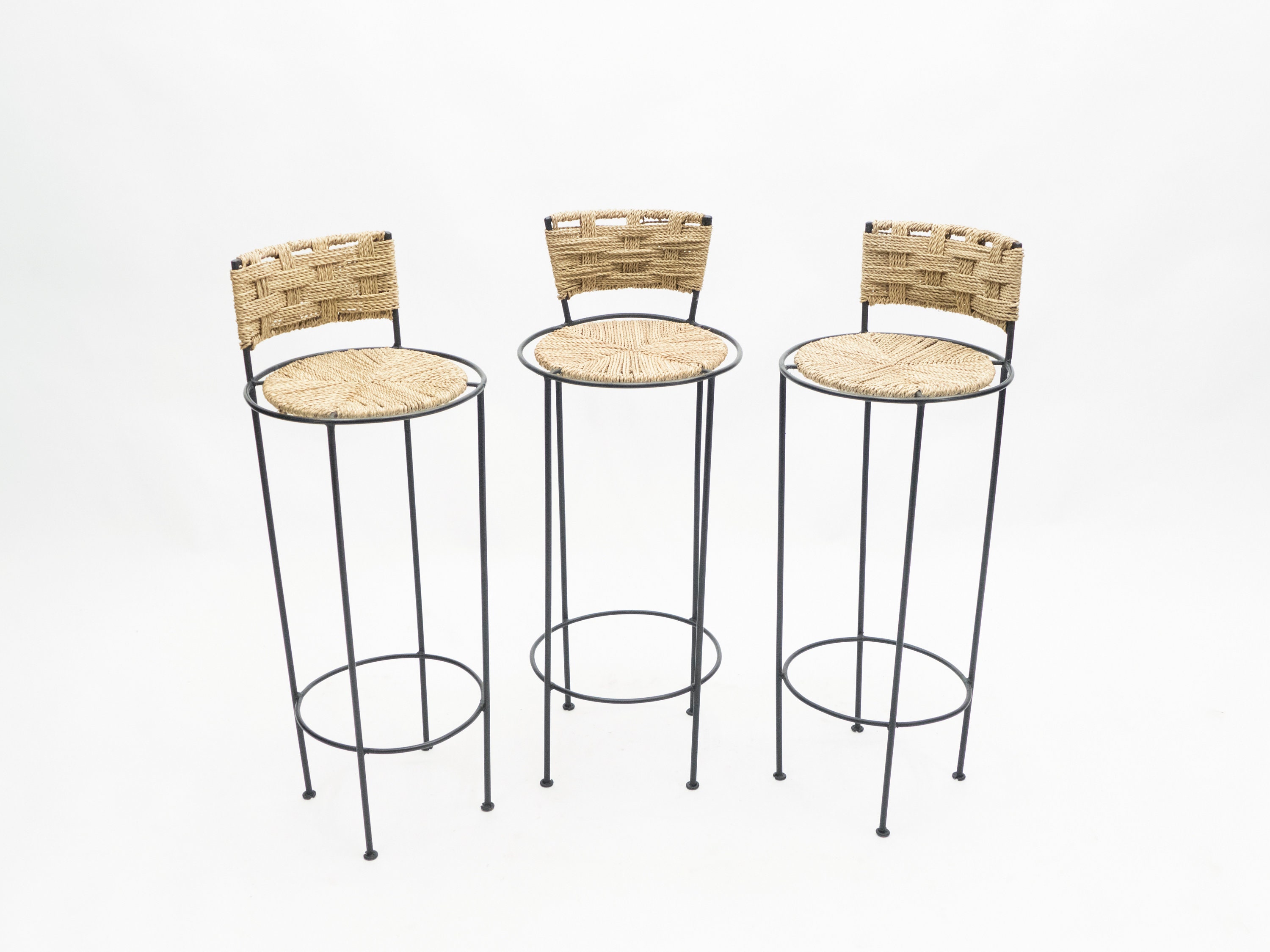Set Of 3 French Bar Stools Rope & Metal By Audoux Minet 1950S