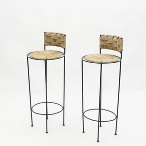 Pair of French bar stools rope and metal by Audoux Minet 1950s