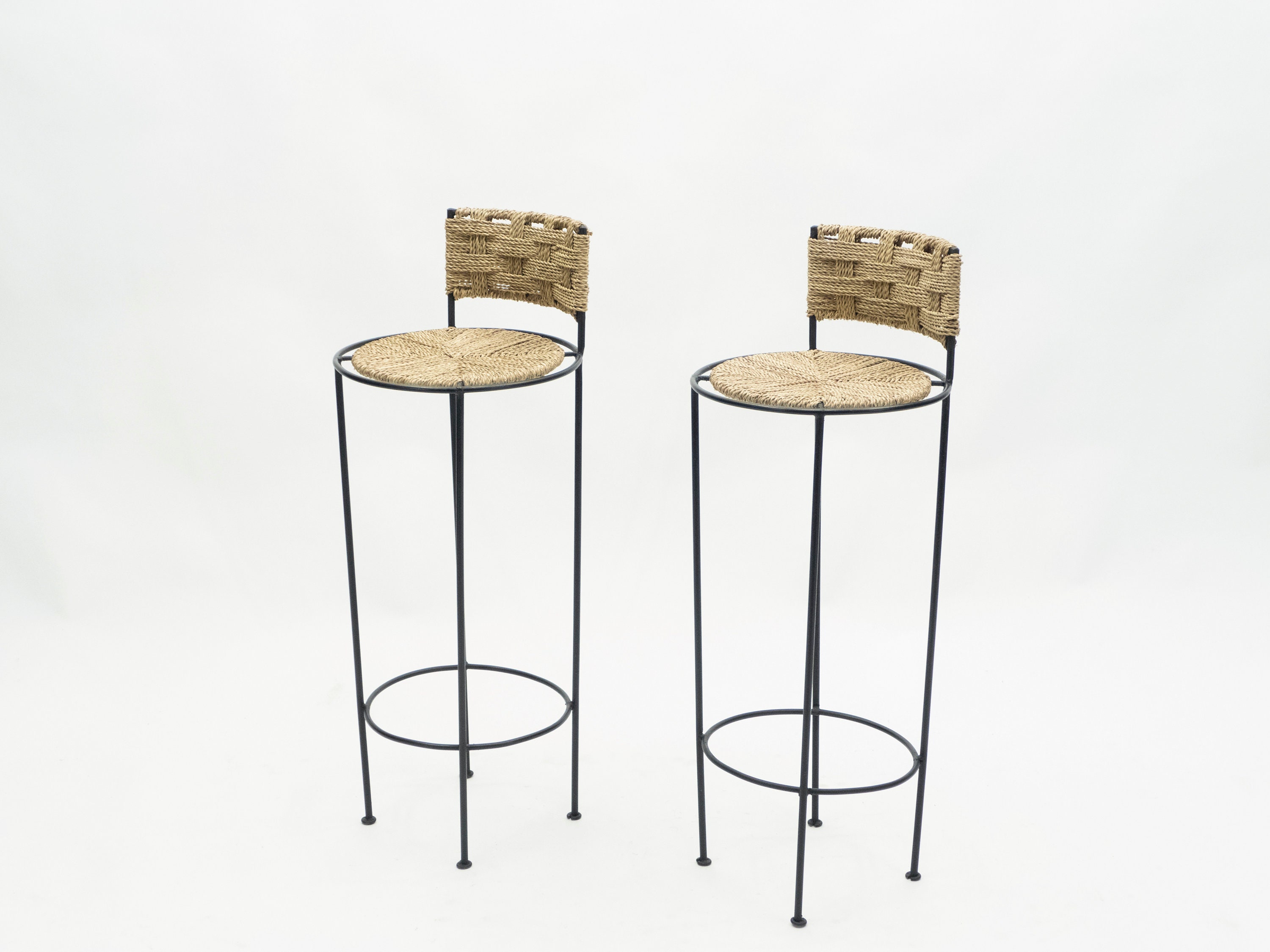 Pair Of French Bar Stools Rope & Metal By Audoux Minet 1950S