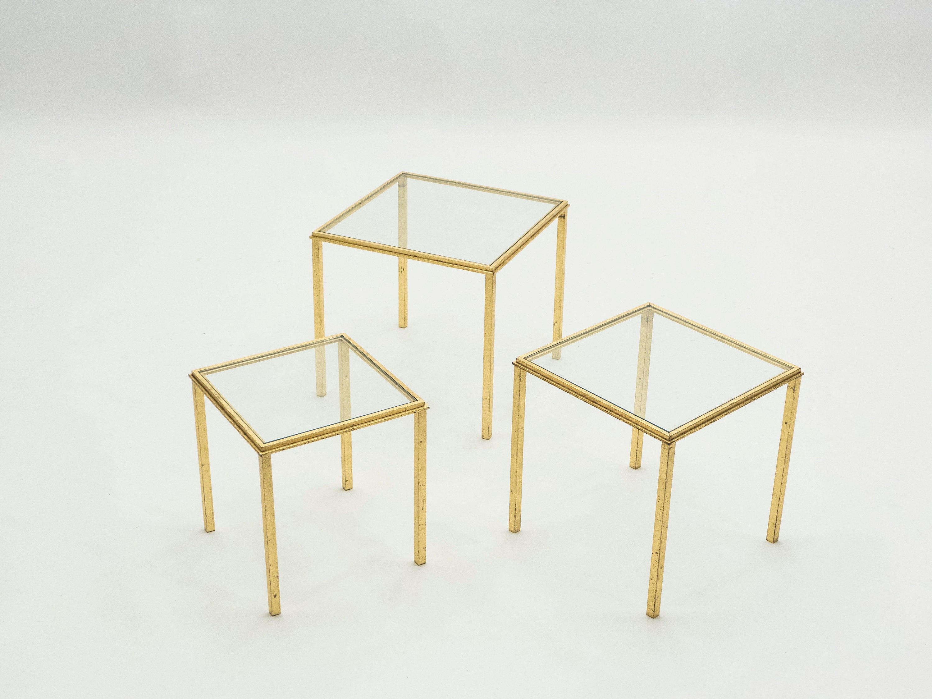 Mid-Century Roger Thibier Gilt Wrought Iron Gold Leaf Nesting Tables 1960S