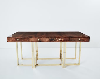 Large Aldo Tura desk in brown parchment, brass and chrome 1960