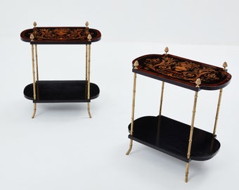 Maison Baguès bronze bamboo wood marquetry side tables 1940s