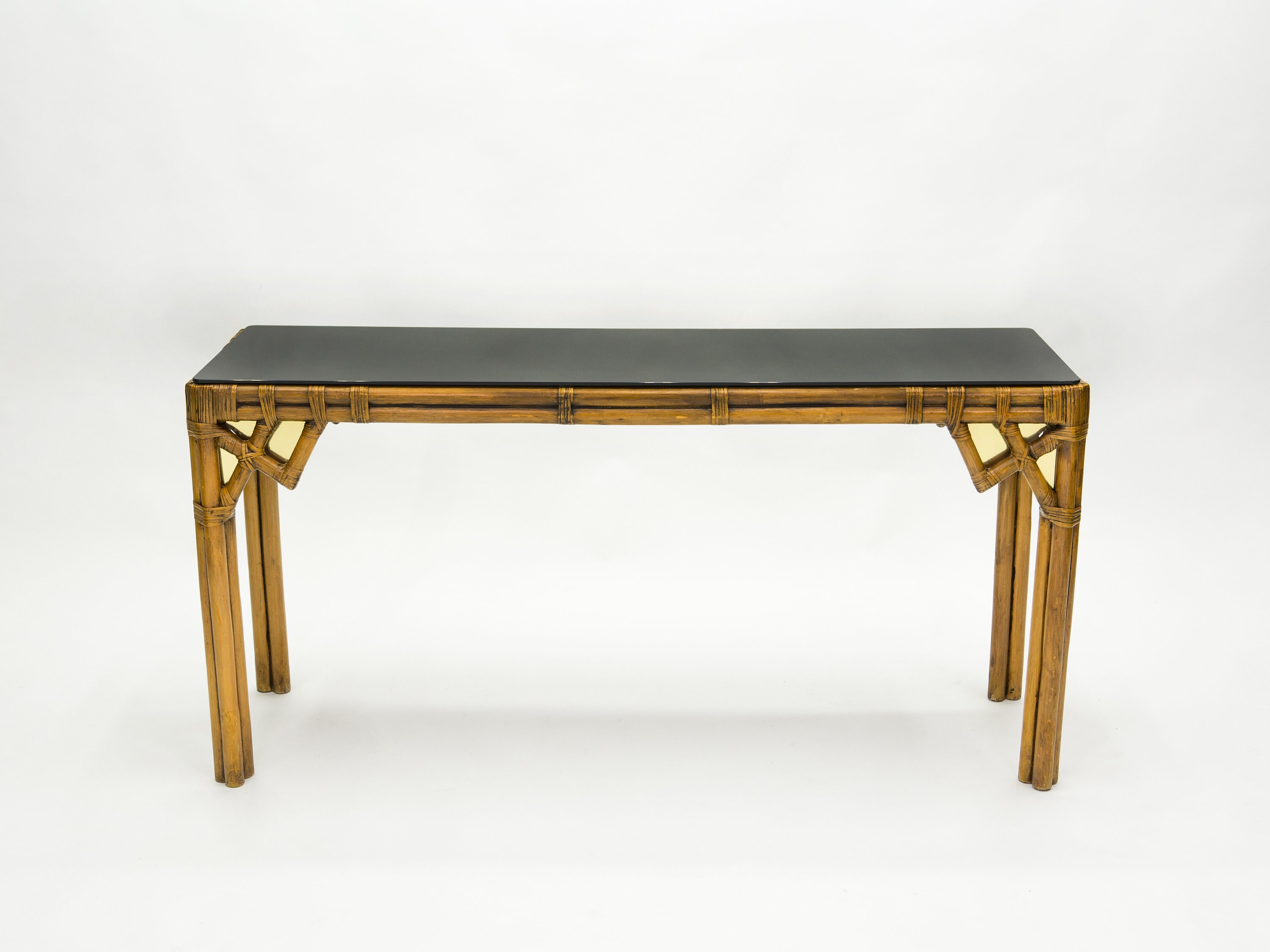 Large Bamboo & Brass Italian Console Table Black Glass Top 1970S