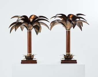 Maison Jansen early palm tree lamps mahogany bronze 1960