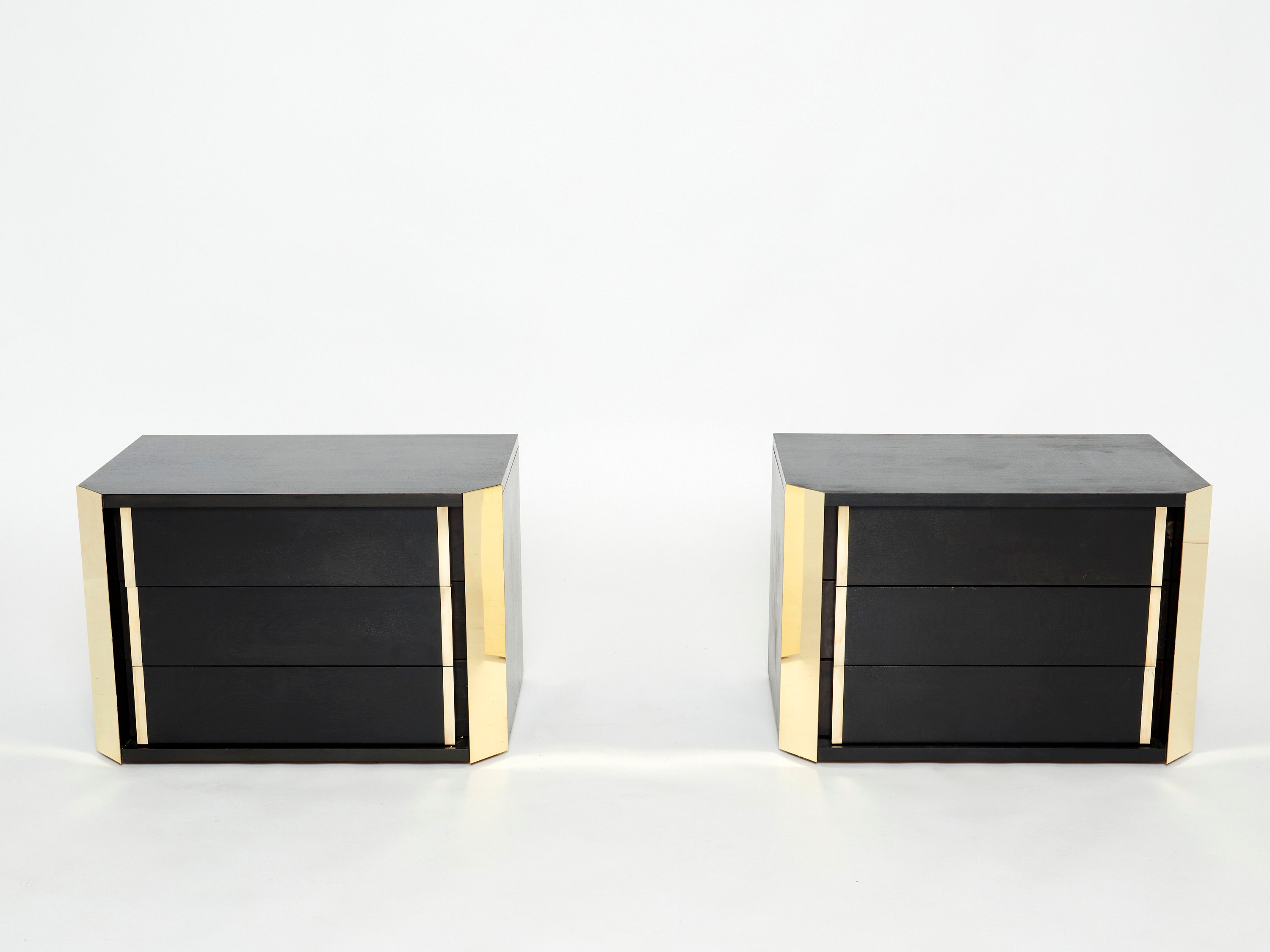 Pair Of Italian Night Stands Black Tinted Wood & Brass 1970S