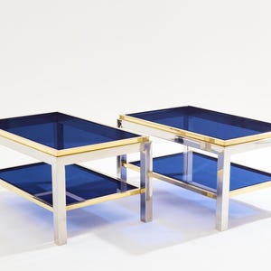 Pair of Two-Tier brass chrome side tables Willy Rizzo Flaminia 1970s
