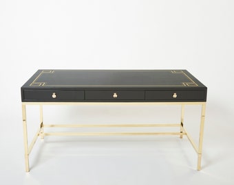 Large Desk table Guy Lefevre Maison Jansen black lacquer brass 1970s