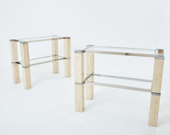 Pair of François Catroux chrome and travertine console tables 1973