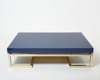 Blue lacquer brass large coffee table Guy Lefevre Maison Jansen 1970s