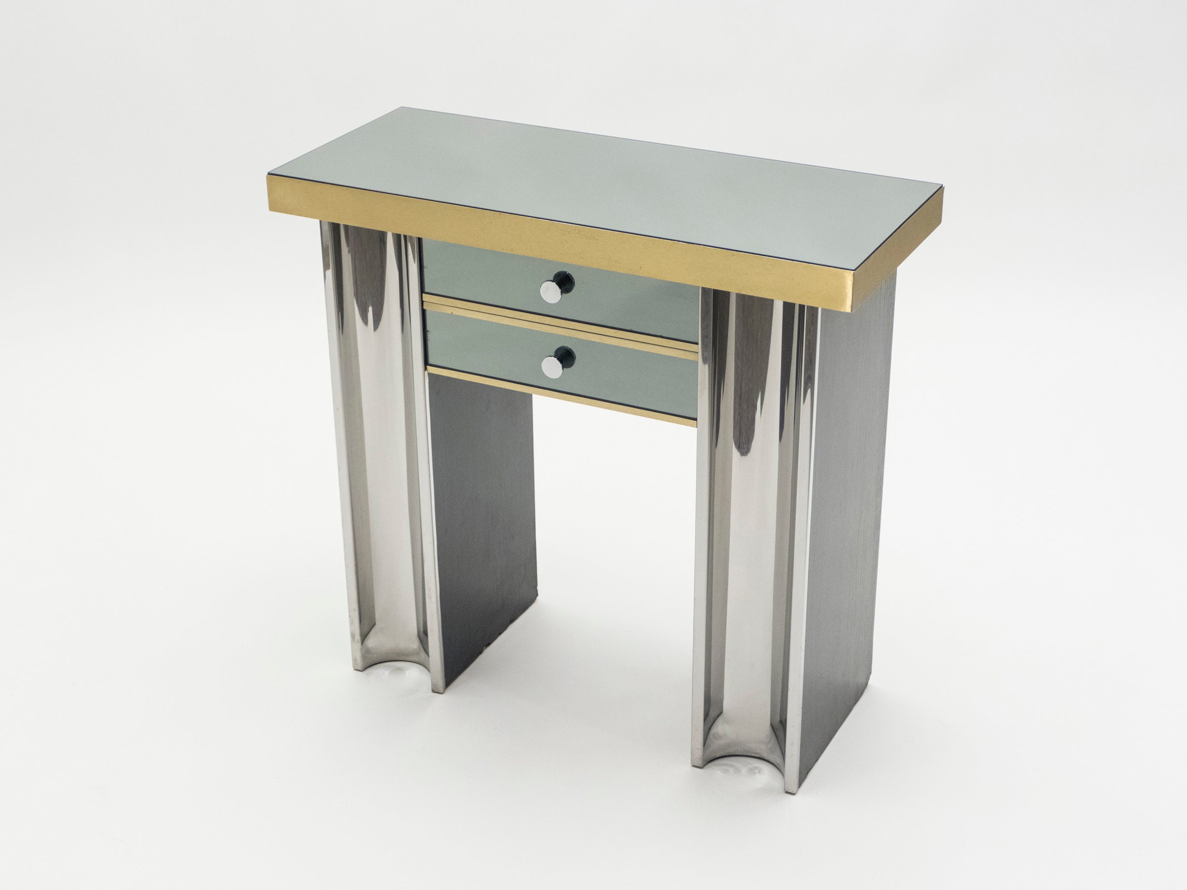 Small Hollywood Regency Mirrored & Brass French Console Table 1970S